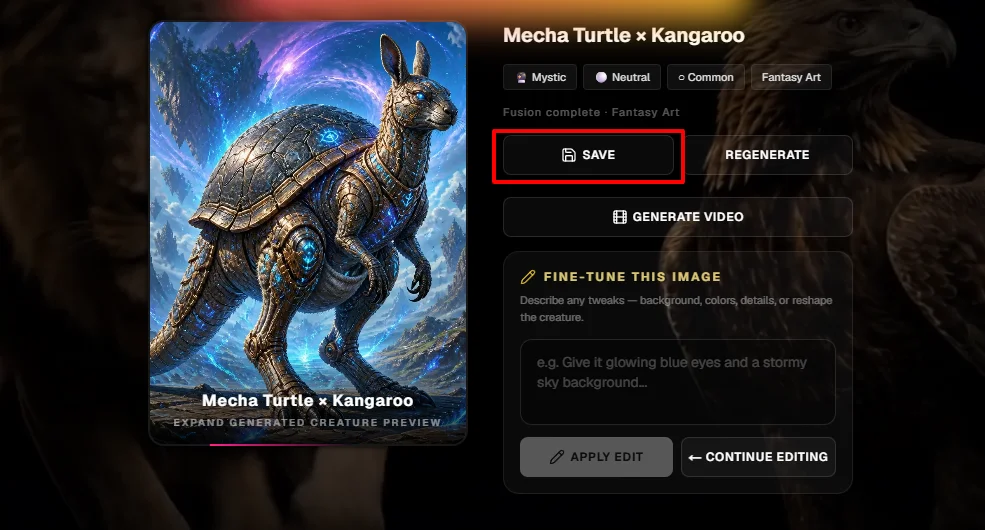 Save a generated hybrid animal to your Aimagica gallery