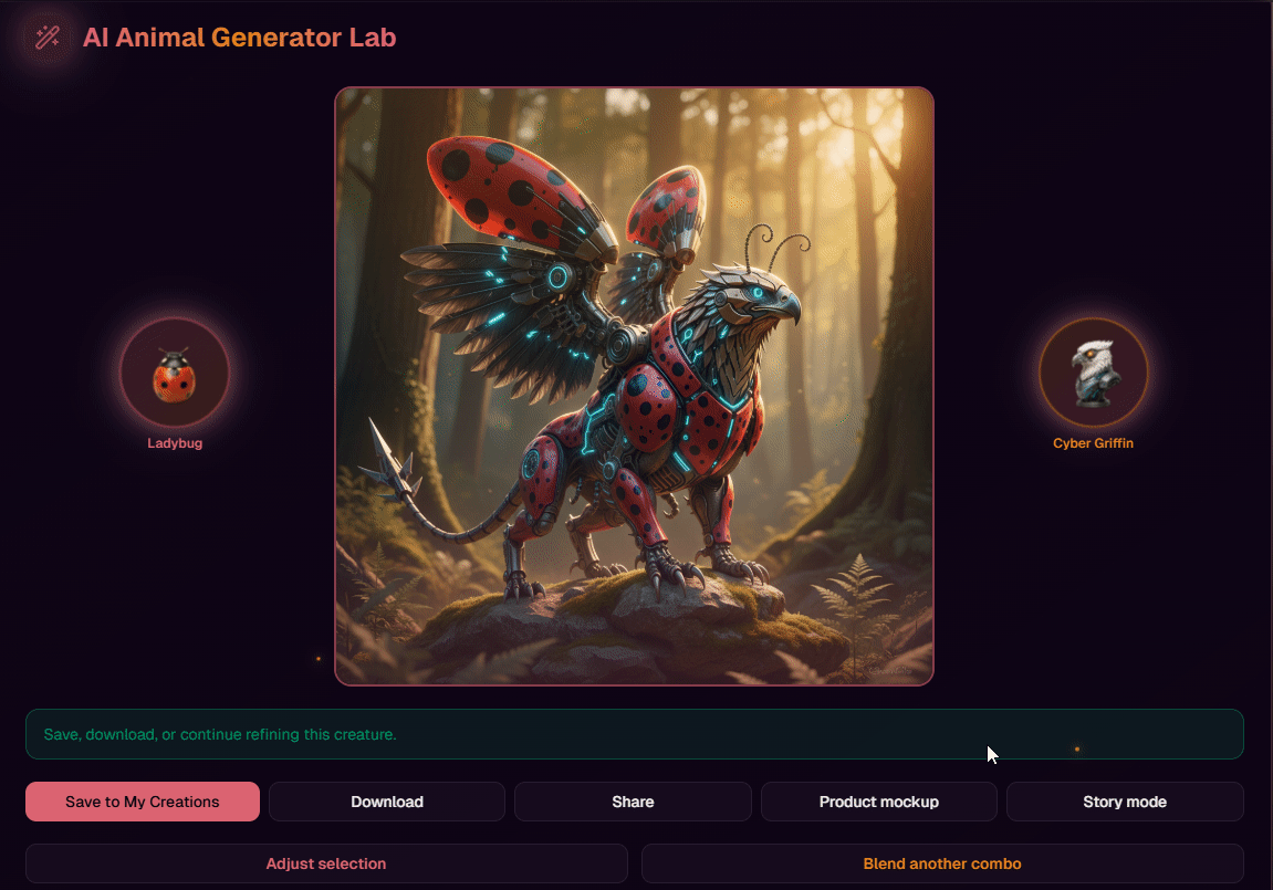 Selecting an animal, like 'Fox', from the aimagica.ai AI pet generator list
