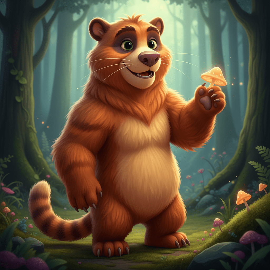 A friendly and cute 3D cartoon bear-cat hybrid character, with orange-brown fur and a striped tail, smiling happily while holding a glowing mushroom in a whimsical enchanted forest, generated by Aimagica.