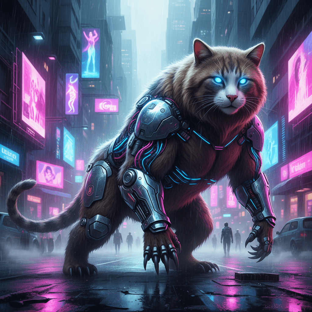 A powerful cyberpunk bear-cat hybrid creature, with glowing blue eyes and mechanical arm enhancements featuring neon blue and pink lights, stands menacingly on a wet city street filled with bright neon signs under the rain, generated by Aimagica AI.