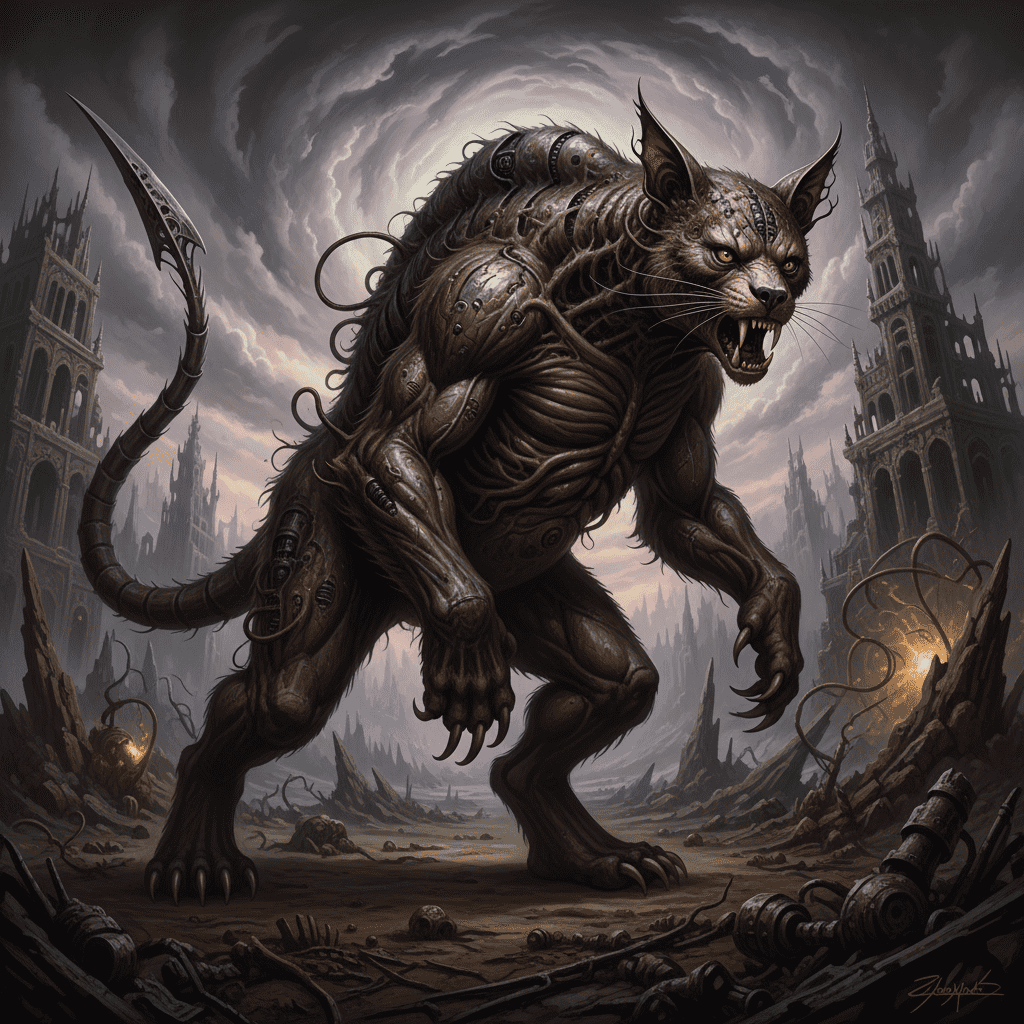 A terrifying dark fantasy bear-cat hybrid monster with a biomechanical body, featuring exposed muscles, skeletal armor, and a segmented bladed tail, standing amidst the ruins of a gothic city under a stormy sky, generated by Aimagica.