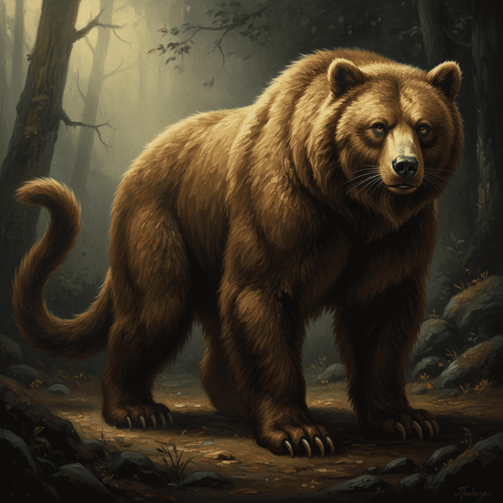 A classic oil painting of a powerful bear-cat hybrid with rich brown fur and a curled feline tail, depicted in a dark, atmospheric forest with visible brushstrokes, generated by Aimagica AI.