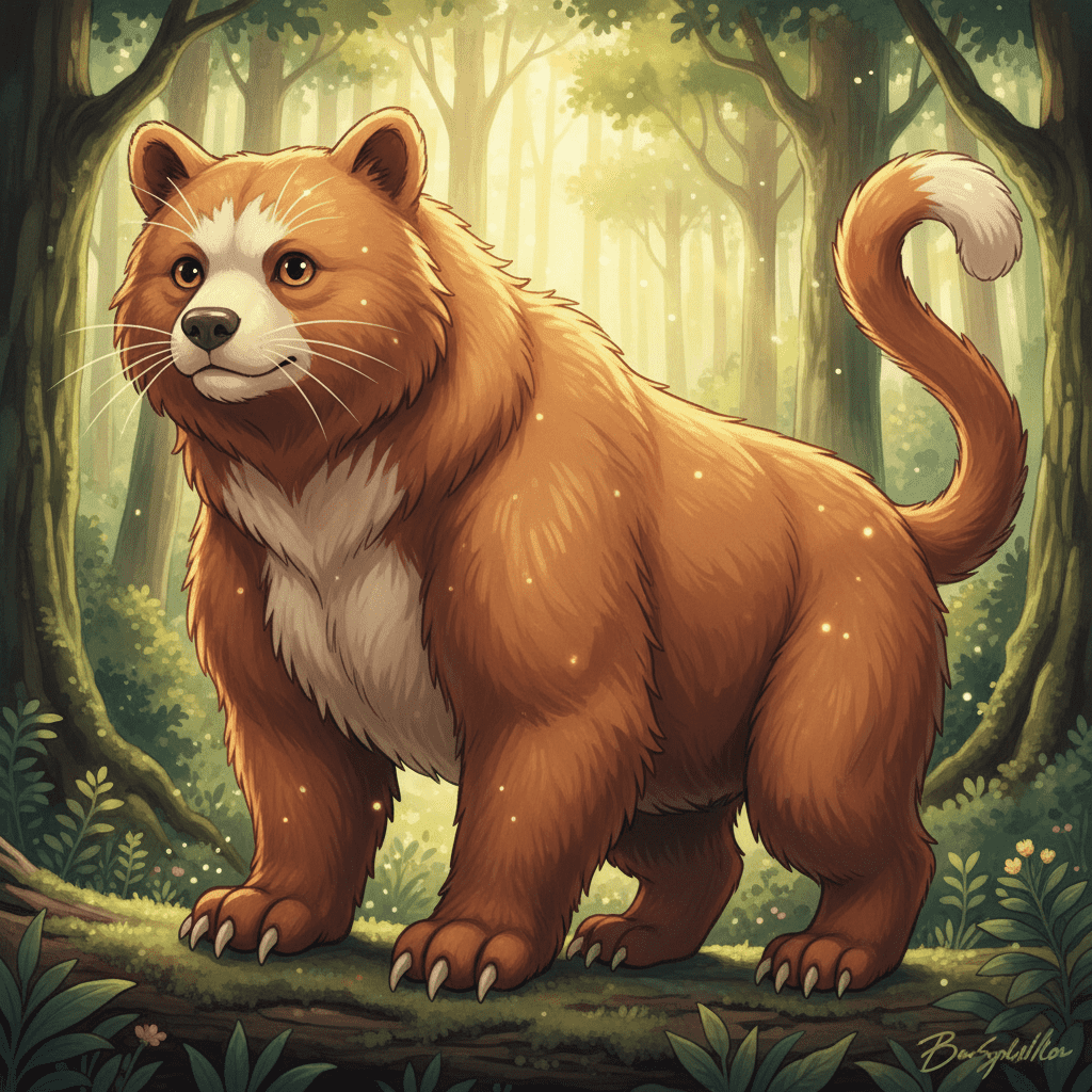 A charming 2D cartoon illustration of a bear-cat hybrid with reddish-brown fur, a white face mask, and a fluffy white-tipped tail, reminiscent of Studio Ghibli art, standing gracefully on a mossy log in a brightly lit enchanted forest, created by Aimagica AI.